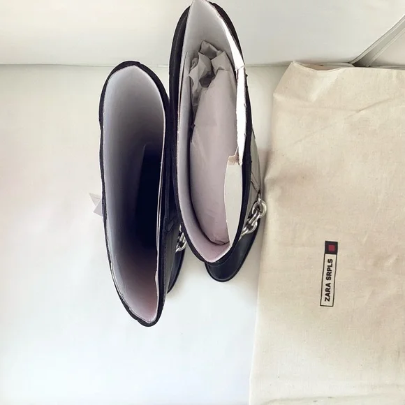 Zara Long Black Leather Wedge Silver Metal Chain Boots SZ 6 - Picture 9 of 14